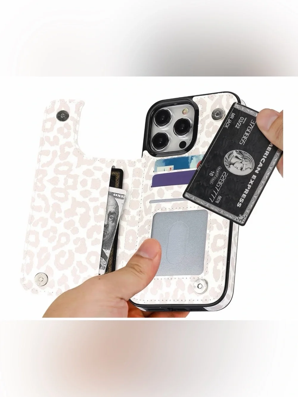 EEUC Premium White Leopard Print Wallet Phone Case with Card Slots